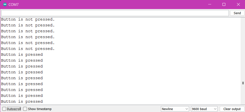 Serial monitor showing when the button is pressed or not.