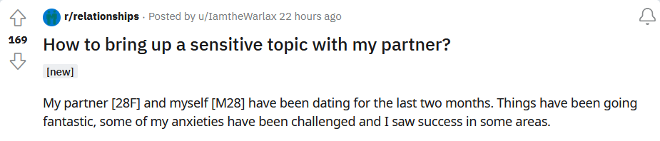 A post from the 'relationships' subreddit