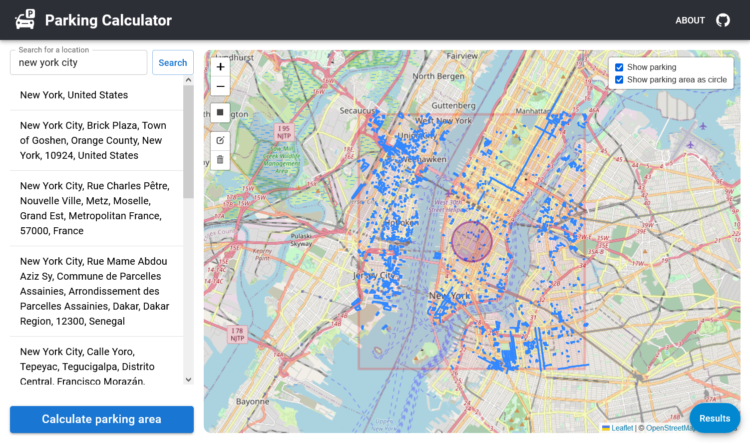 Screenshot of the parking calculator website.